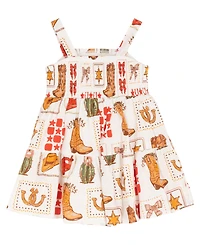 Rare Editions Little Girls' 2T-6X Western Printed Woven Romper Dress With Smocking
