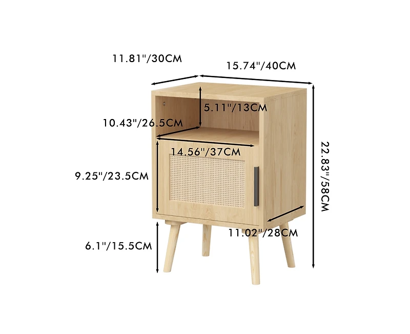 sumyeg Oak Rattan Nightstand with Door and Open Shelf - Solid Wood Legs Accent End Table