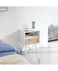 sumyeg Modern Rattan End Table with Power Outlet Usb Ports Drawer Solid Wood Legs