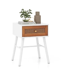 sumyeg Rattan Nightstand Mid Century Modern Accent Table with Drawer