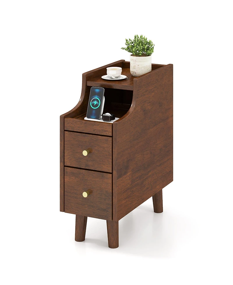 sumyeg Solid Wood End Table Narrow Bedside Table with Pull-out Tray and 2 Storage Drawers