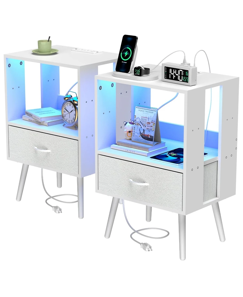 sumyeg Modern Nightstand Set of 2 with Charging Station, Led Light and Fabric Drawers