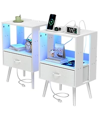 sumyeg Modern Nightstand Set of 2 with Charging Station, Led Light and Fabric Drawers