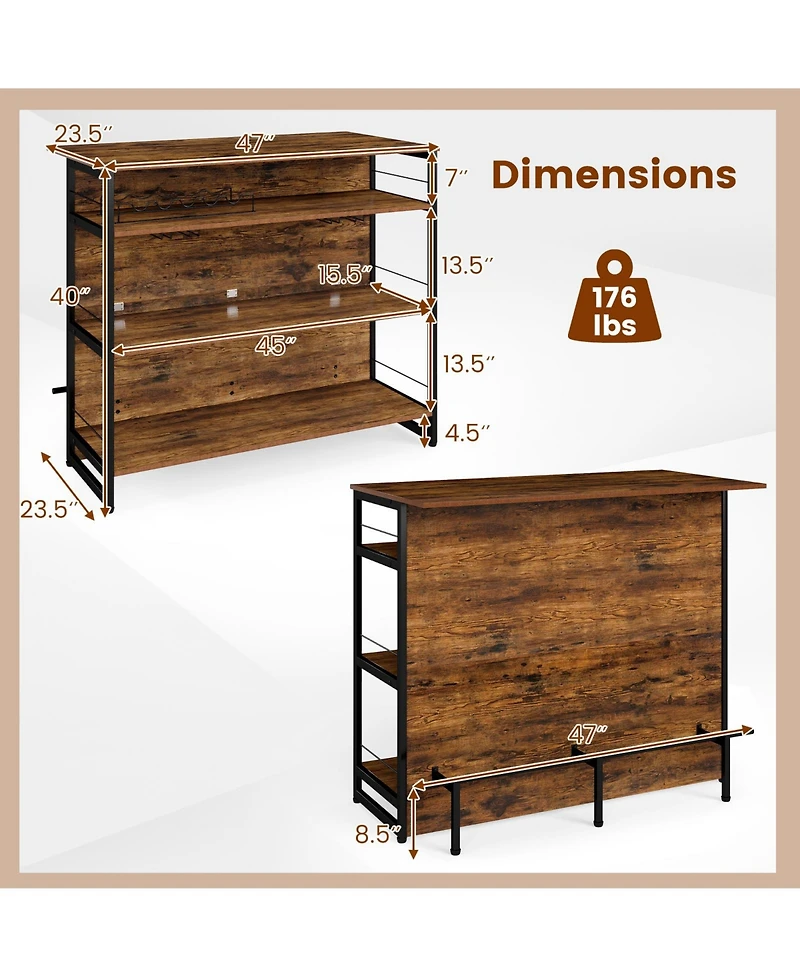 Gouun 47 in 4-Tier Mini Bar Kitchen Island with Footrest and Wine Rack, 5-Bottle and 8-Glass Storage