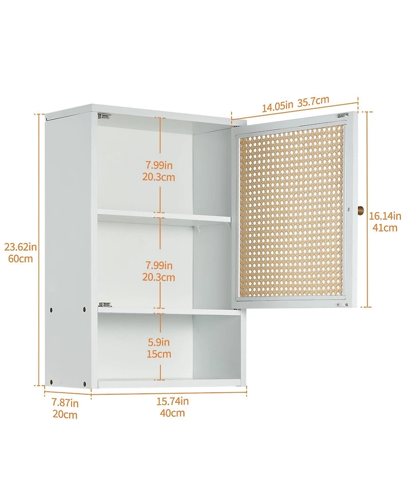 homfan Bathroom Wall Cabinet, Wood Rattan Storage with 3-Tier Shelves and Doors, Medicine Holds 33lbs for Bathroom, Laundry Room