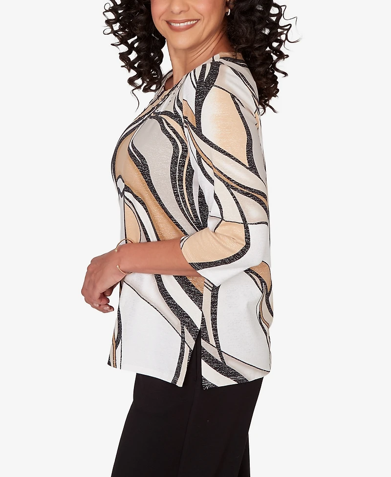 Alfred Dunner Women's Seville Abstract Print Pleated Crewneck Top