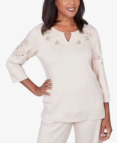 Alfred Dunner Women's Seville Floral Embroidered Beaded Split Neck Top