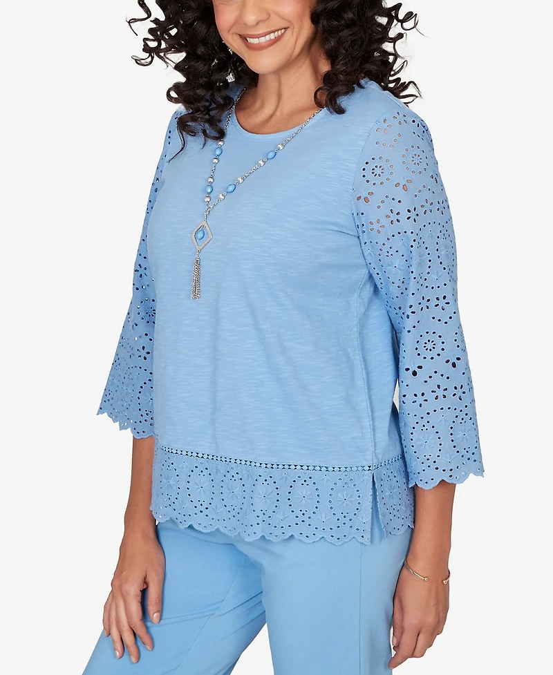 Alfred Dunner Women's St. Augustine Solid Eyelet Trim Crewneck Top with Necklace