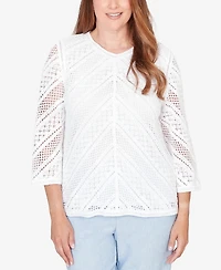 Alfred Dunner Women's St. Augustine Chevron Crochet Crewneck Top