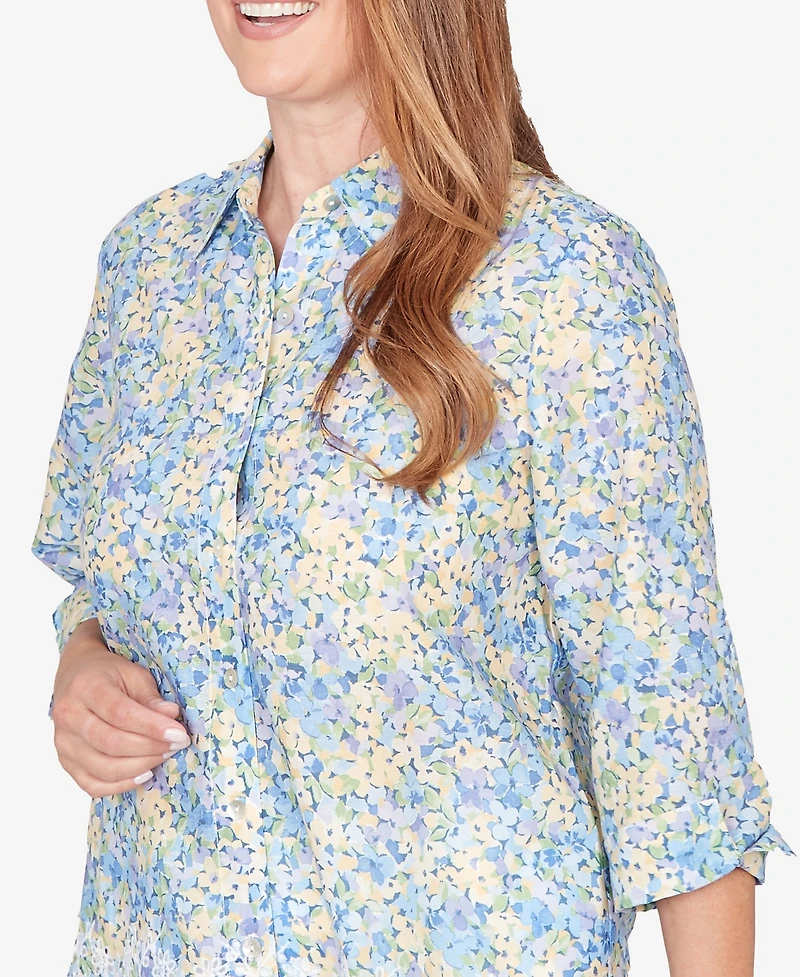 Alfred Dunner Women's Classic Embroidered Floral Border Button Down Top