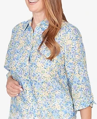 Alfred Dunner Women's Classic Embroidered Floral Border Button Down Top