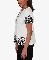 Alfred Dunner Women's Crowd Pleaser Paisley Border T-shirt with Necklace