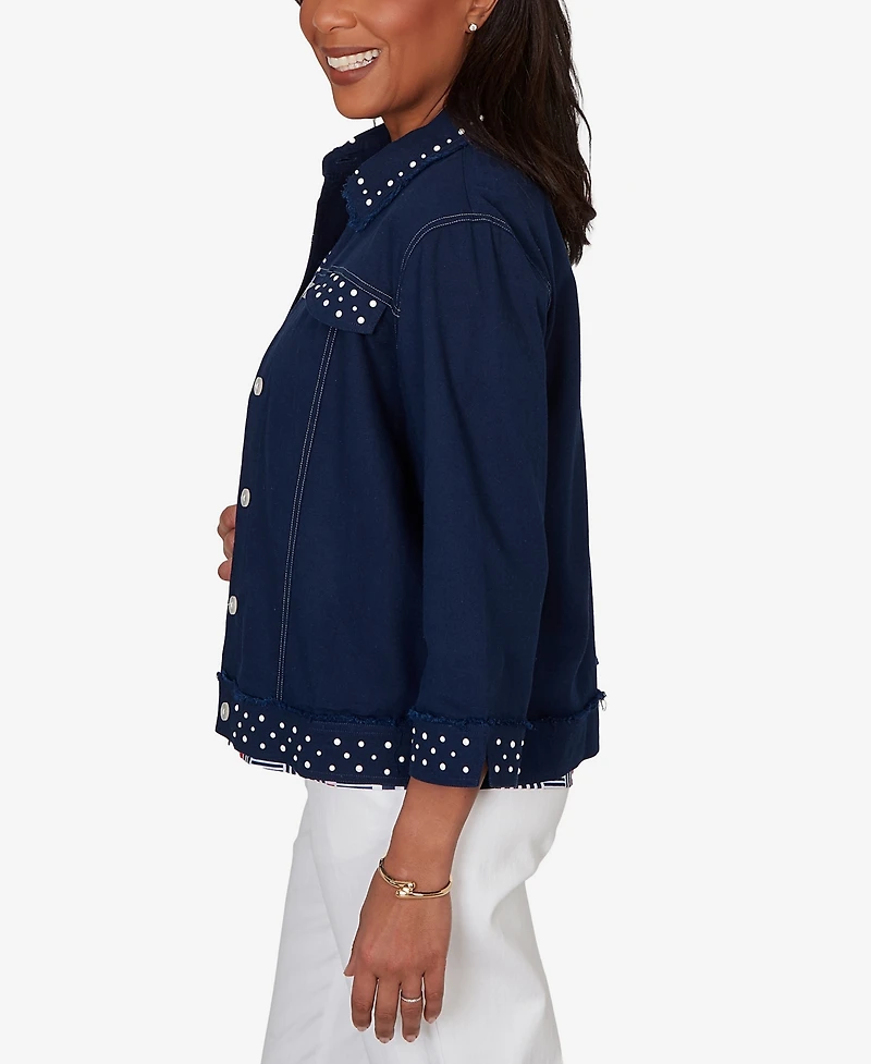 Alfred Dunner Women's Port Side Cultivated Pearl Trim Denim Jacket