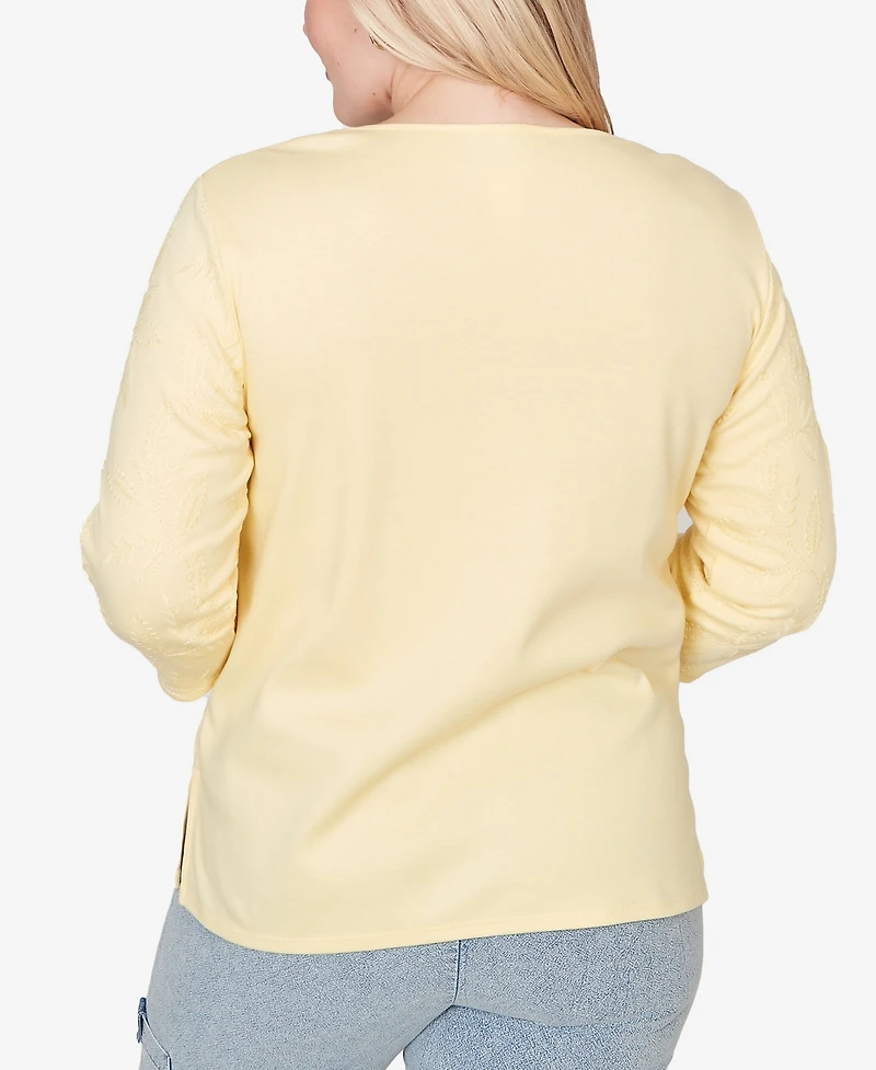 Alfred Dunner Women's Out of the Blue Floral Embroidered Sunshine Top