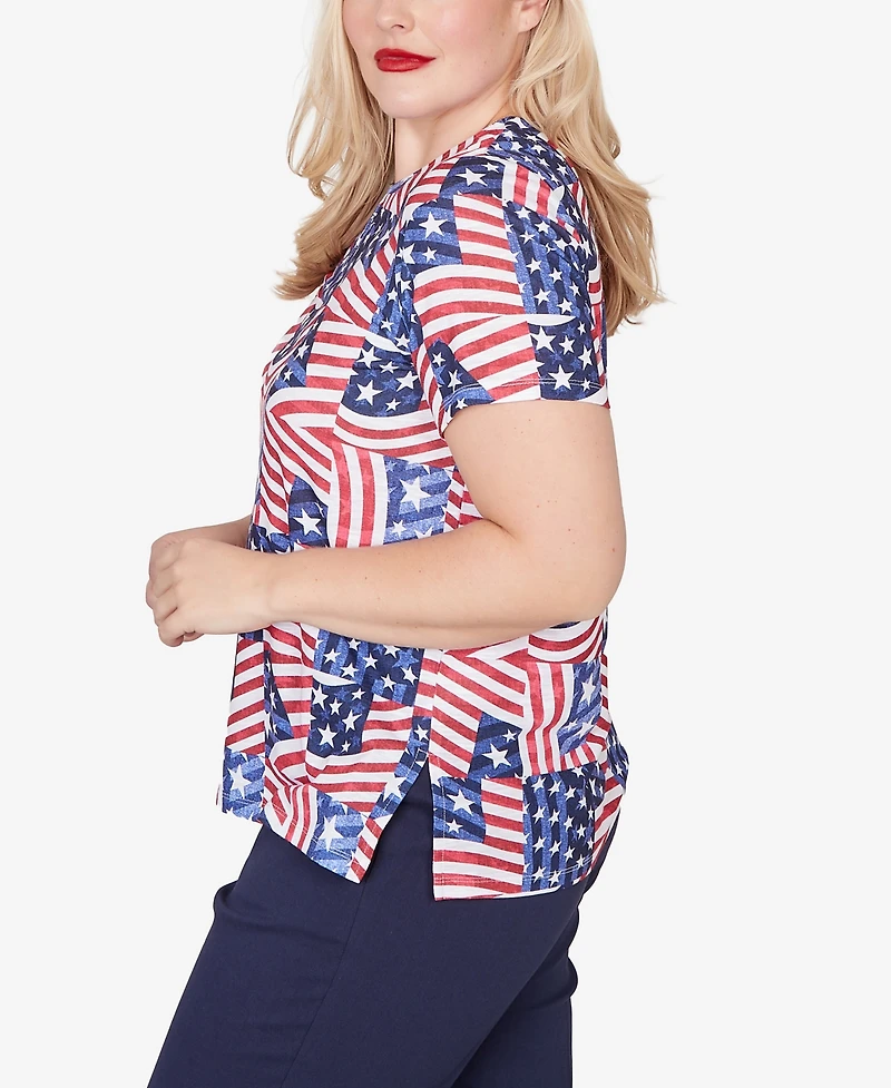 Alfred Dunner Women's Lady Liberty American Flag Patchwork Keyhole T-shirt