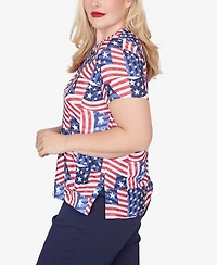 Alfred Dunner Women's Lady Liberty American Flag Patchwork Keyhole T-shirt