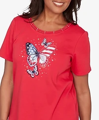 Alfred Dunner Women's Lady Liberty Sparkling Americana Butterfly Crewneck T-shirt
