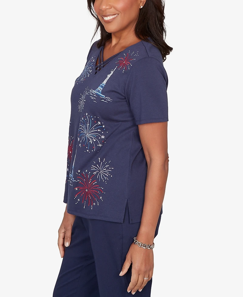 Alfred Dunner Women's Lady Liberty Statue Of Fireworks V-Neck T-shirt