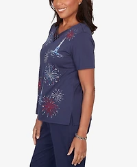 Alfred Dunner Women's Lady Liberty Statue Of Fireworks V-Neck T-shirt
