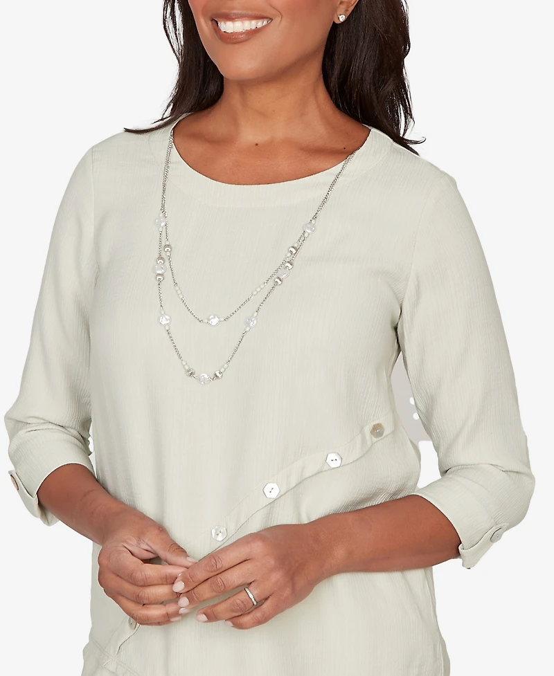 Alfred Dunner Women's Vintage Charm Diagonal Spliced Detailed Crewneck Top with Necklace