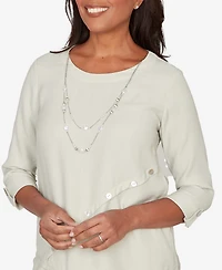 Alfred Dunner Women's Vintage Charm Diagonal Spliced Detailed Crewneck Top with Necklace