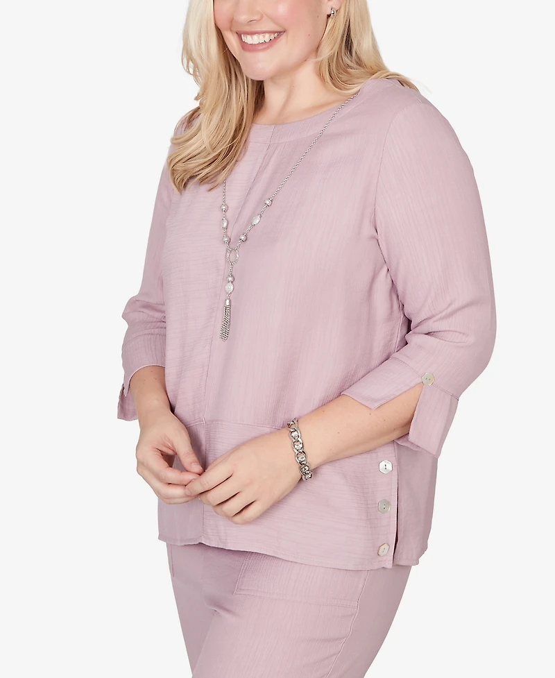 Alfred Dunner Women's Vintage Charm Textured Spliced Rose Crewneck Top
