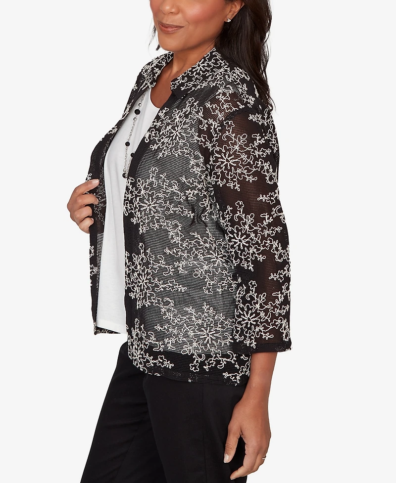 Alfred Dunner Women's Detail Driven Two-in-One Mesh Soutache Top with Necklace