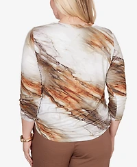Alfred Dunner Women's Spice Market Marble Print Split Neck Top