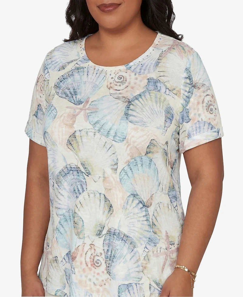 Alfred Dunner Women's Vintage Charm Seashells Embellished Short-Sleeve Top