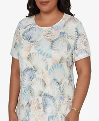 Alfred Dunner Women's Vintage Charm Seashells Embellished Short-Sleeve Top