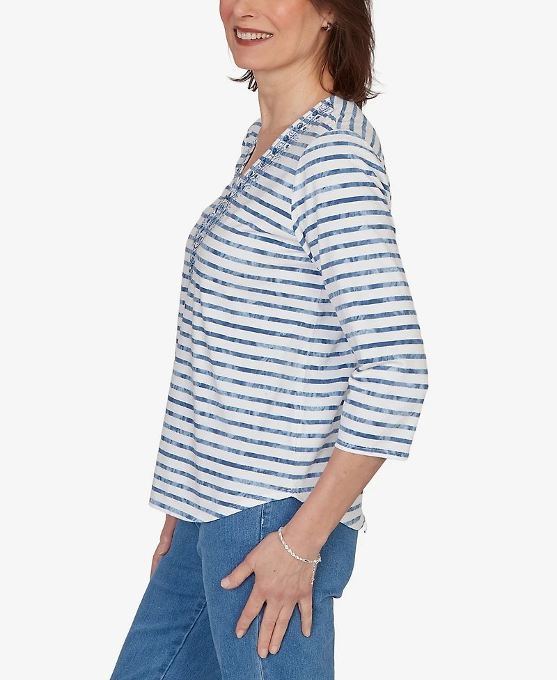 Alfred Dunner Women's Classic Medallion Embroidered Stripe V-Neck Top