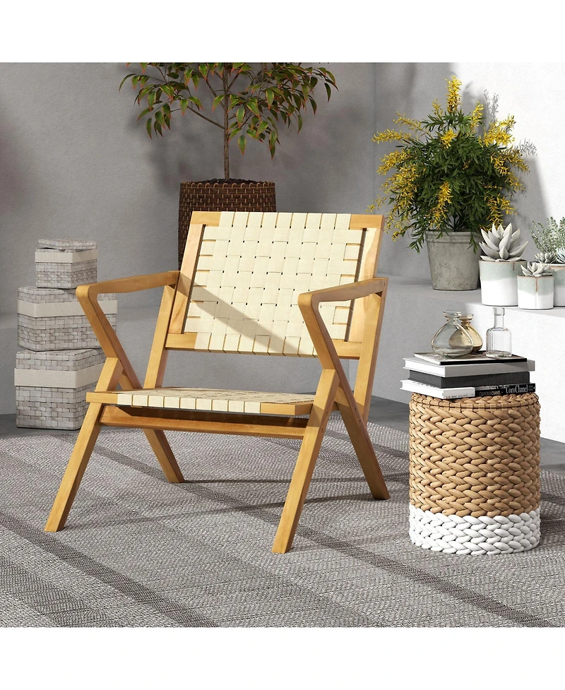 Sugift Outdoor and Indoor Teak Wood Patio Chair wuth Webbing Seat and Backrest