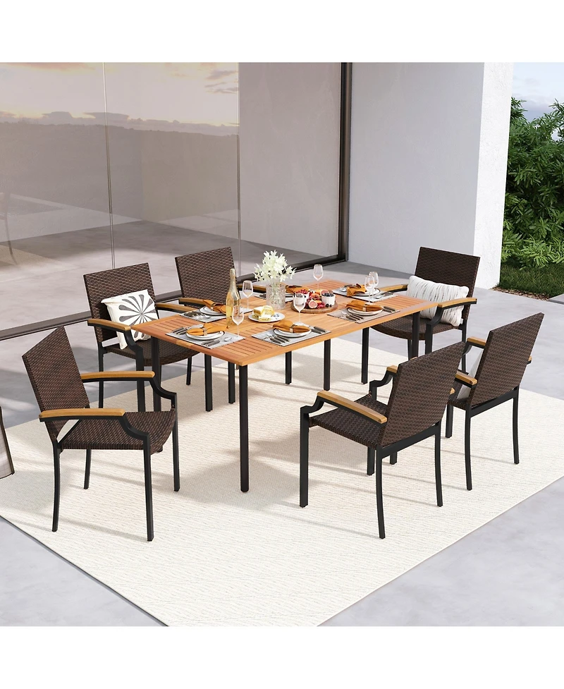 Sugift Stacking Wicker Chairs Set of 2 Patio Rattan Dining Chairs with Acacia Wood Armrests