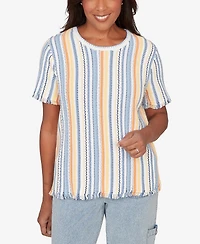 Alfred Dunner Women's Out of the Blue Textured Fringe Stripe Short-Sleeve T-shirt