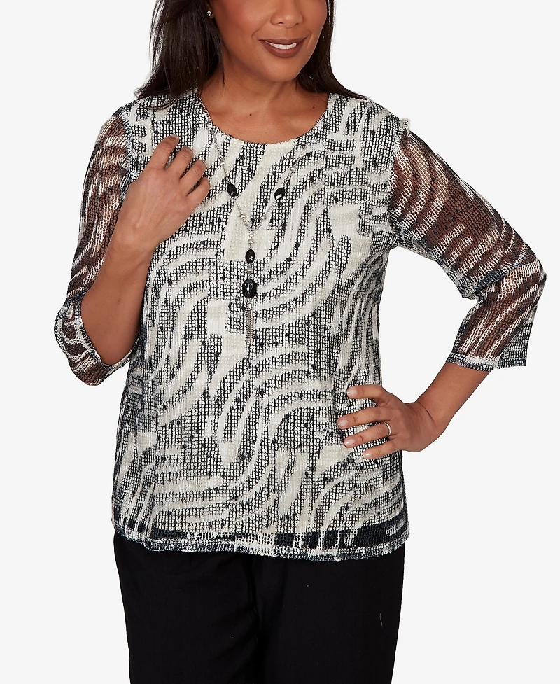 Alfred Dunner Women's Detail Driven Animal Popcorn Embellished Top with Necklace