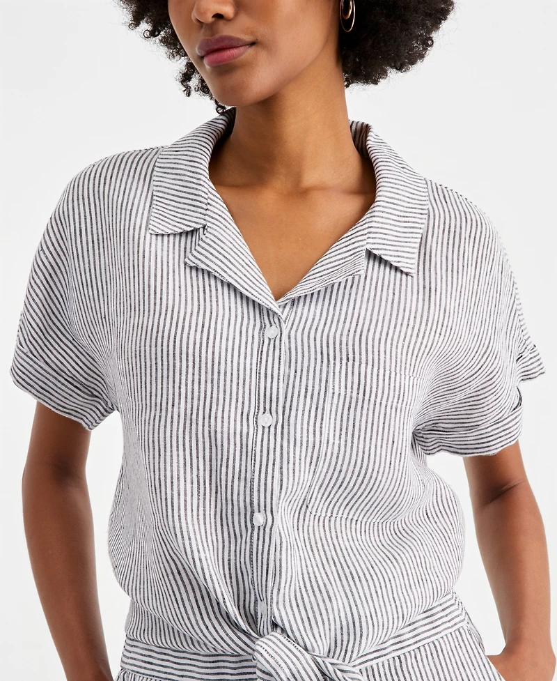 Charter Club Women's 100% Linen Tie-Front Shirt, Created for Macy's