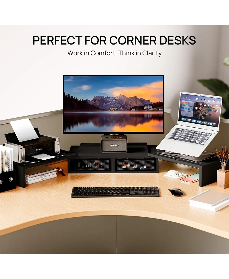 Gnuadz Dual Monitor Stand Riser With Drawer Smartphone Holder Wooden Desk Organizer Adjustable Workspace Computer 2 drawers
