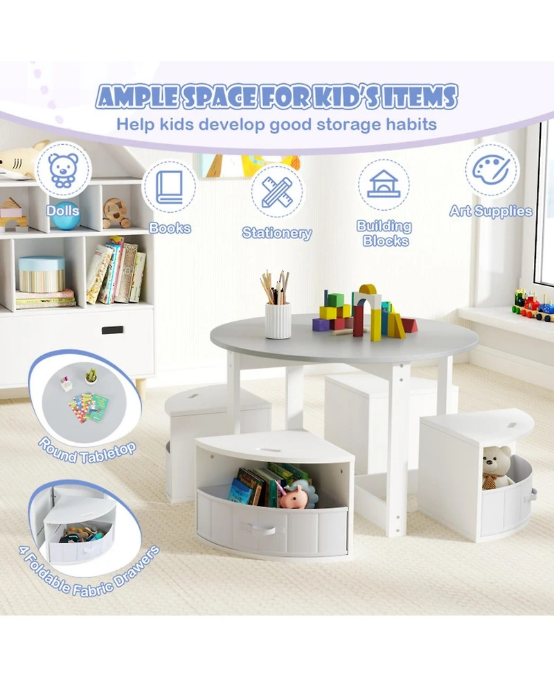 Gouun 5-Piece Kids Round Nesting Table Set with 4 Storage Stools