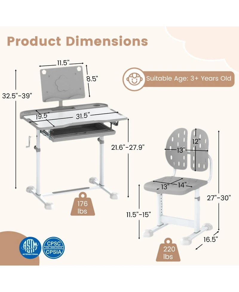 Gouun Height-Adjustable Kids Study Desk and Chair Set with Tilt Desktop