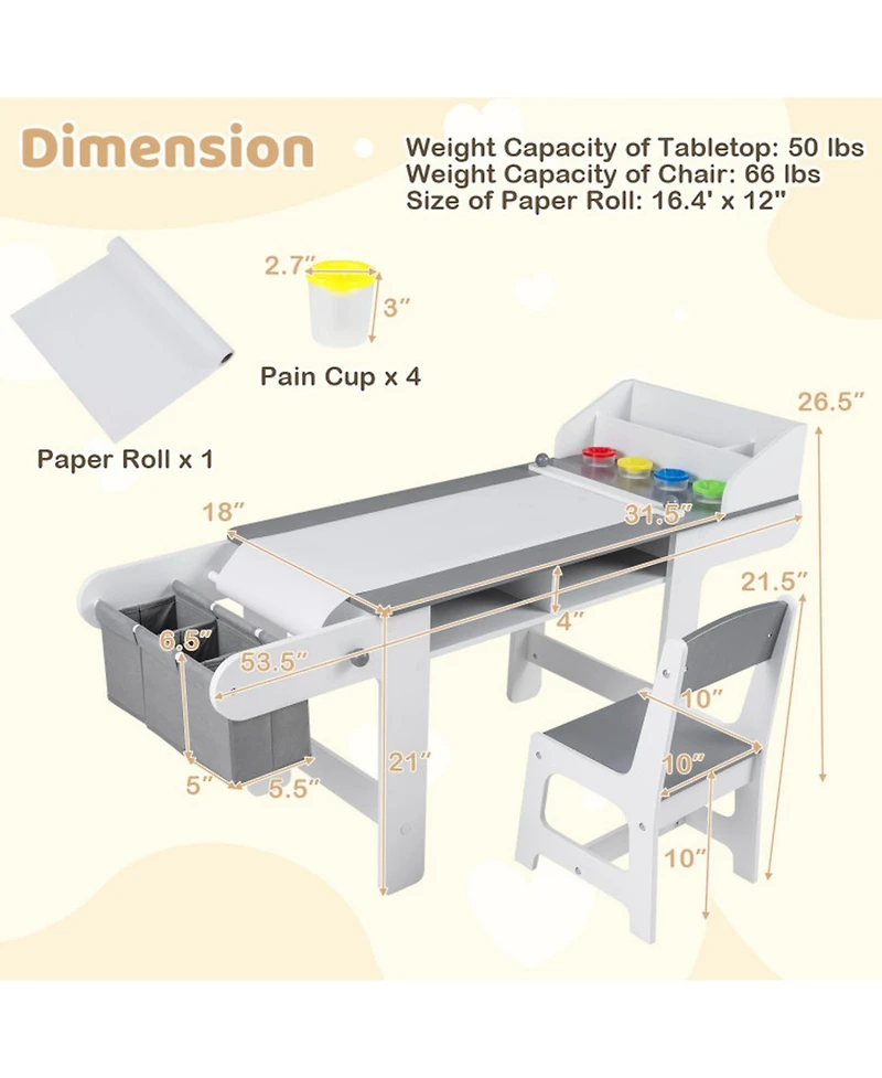 Gouun Kids Art Table and Chair Set with Paper Roll and Storage Cubbies