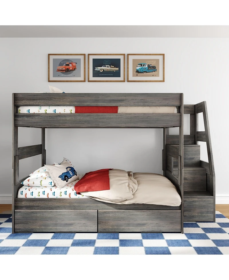 Max and Lily Modern Farmhouse Queen Over Bunk Bed With Staircase Storage Drawers