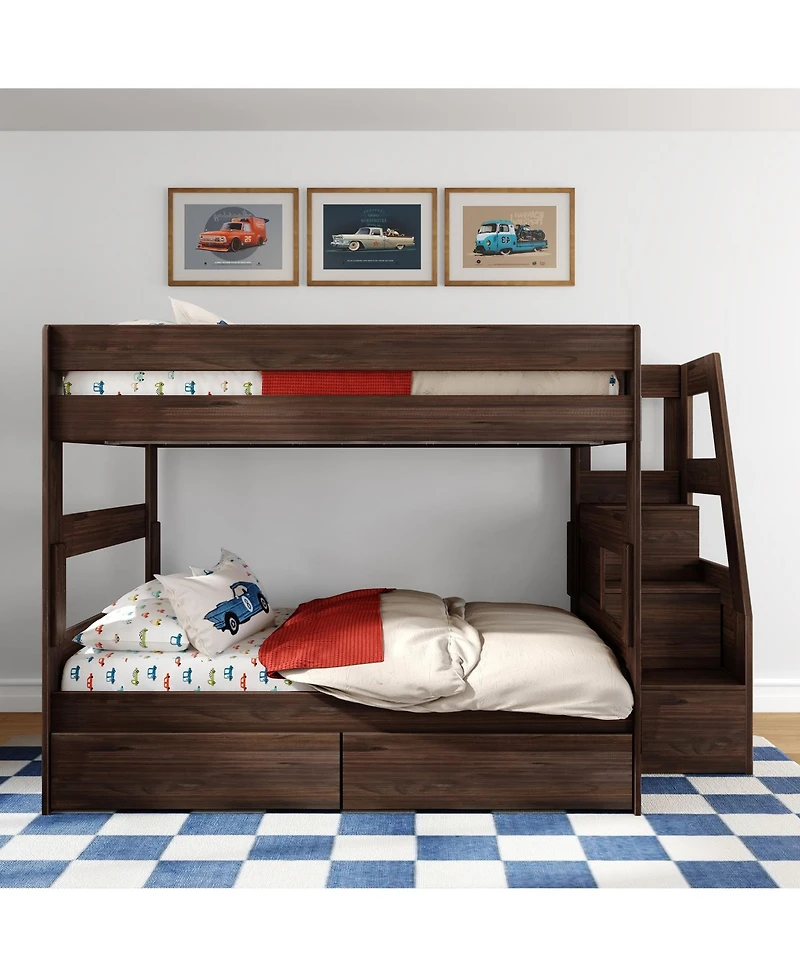 Max and Lily Modern Farmhouse Queen Over Bunk Bed With Staircase Storage Drawers