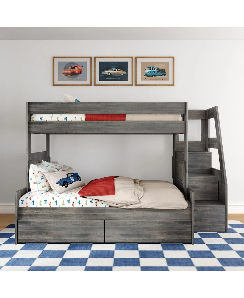 Max & Lily Modern Farmhouse Twin Over Full Bunk Bed With Staircase and Storage Drawers