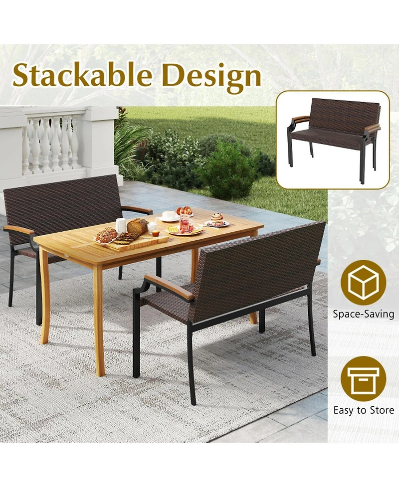 Gouun Stackable Pe Wicker Patio Loveseat with Acacia Wood Armrests