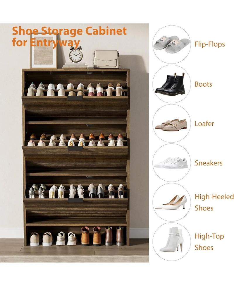 Homfan Fluted Shoe Cabinet with 3 Flip Drawers, Wide Slim Entryway Storage