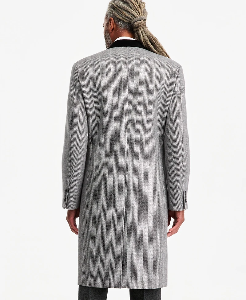 Tayion Collection Men's Classic-Fit Herringbone Light Gray Double-Breasted Overcoat