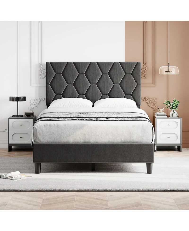 Homfan Full Bed Frame with Upholstered Headboard, Heavy-Duty Platform Bed Frame with Strong Wood Slats