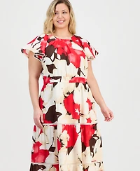 Anne Klein Plus Printed Cotton Flutter-Sleeve Maxi Dress
