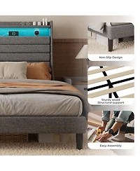 Homfan Modern Upholstered Platform Bed Frame with Led Headboard and Charging Station - Wooden Slat Support, Noise-Free