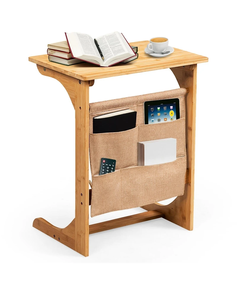 Sugift Bamboo Sofa Side Table with Storage Pocket Design
